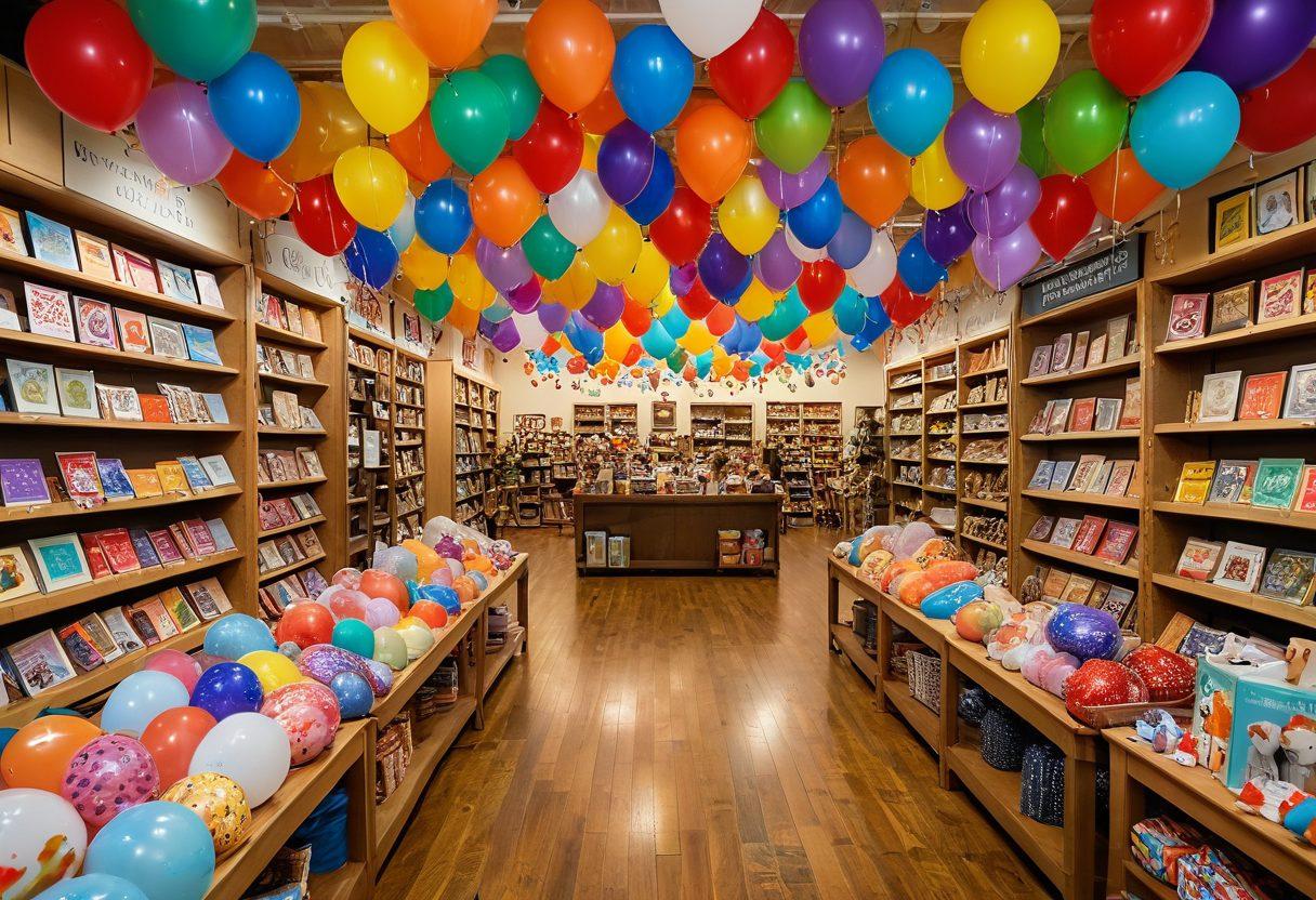 An inviting display of colorful, curated merchandise arranged in a whimsical store setting, featuring cheerful shoppers joyfully interacting with products. Emphasize bright, uplifting colors and a sense of community, showcasing diverse items that inspire happiness and satisfaction. Soft, warm lighting enhances the welcoming vibe, with playful elements like balloons or confetti in the background. super-realistic. vibrant colors. warm atmosphere.